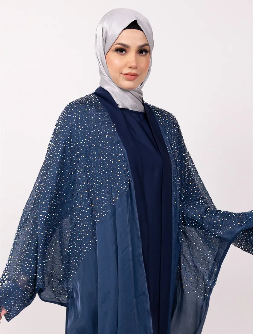 Navy Sparkle Crystal Embellished Sheer Overlay Abaya
